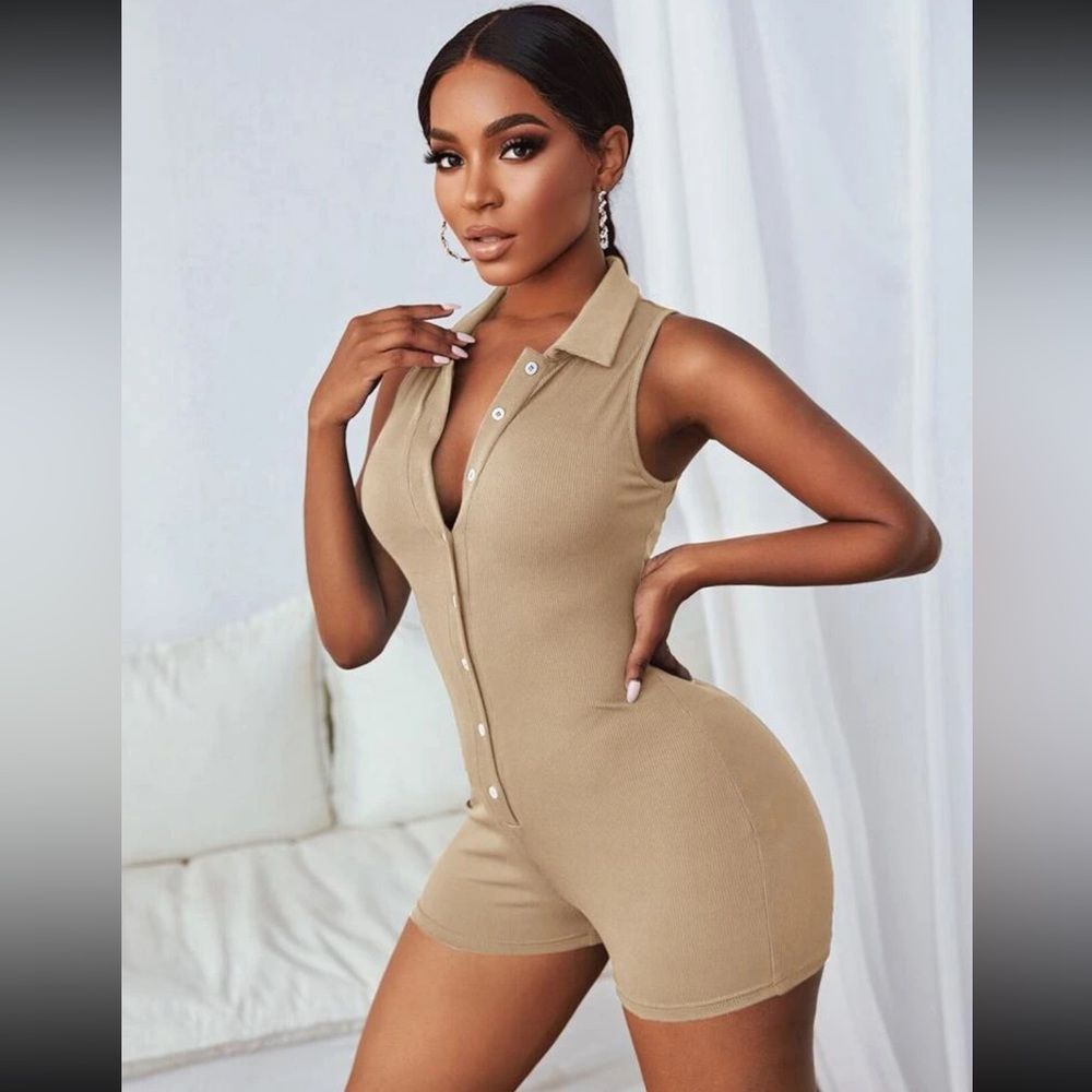 SHEIN Button Up Front Rib-Knit Romper - Picture 3 of 7